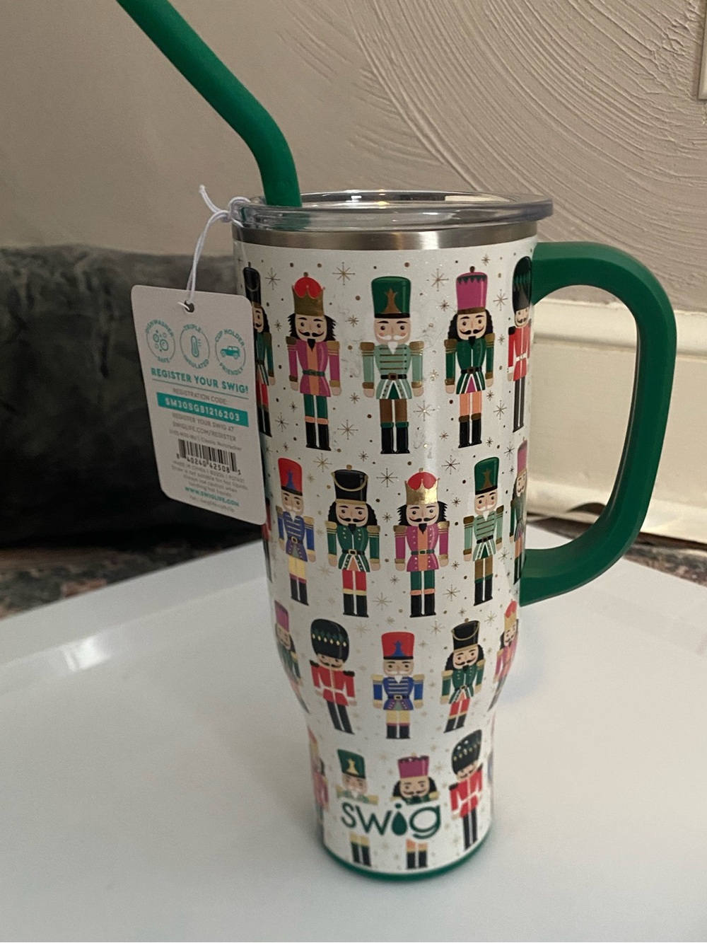 SWIG Nutcracker Holiday Tumbler with Green Handle and Straw